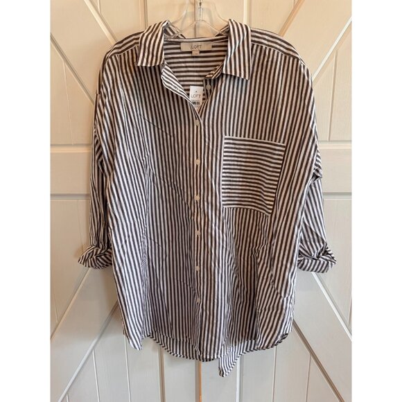 New LOFT Gray/White Striped Everyday Oversized Pocket Shirt Womens Size Large - Picture 2 of 9